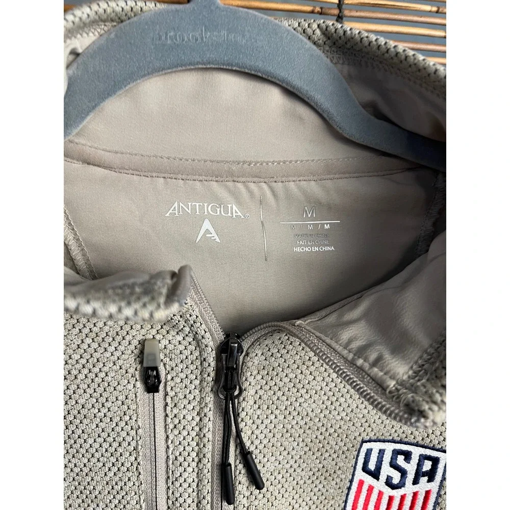 Antigua USA Soccer Mens Medium Quarter Zip Pullover Fleece Jacket Tan Heather
